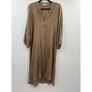 Pink Ripple Women’s Midi Shirt Dress Boho Flowy Button Front Tan Size M